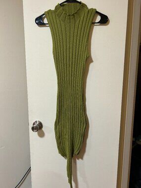 Spring Haze -- green ribbed bodycon midi dress, asymmetrical hem